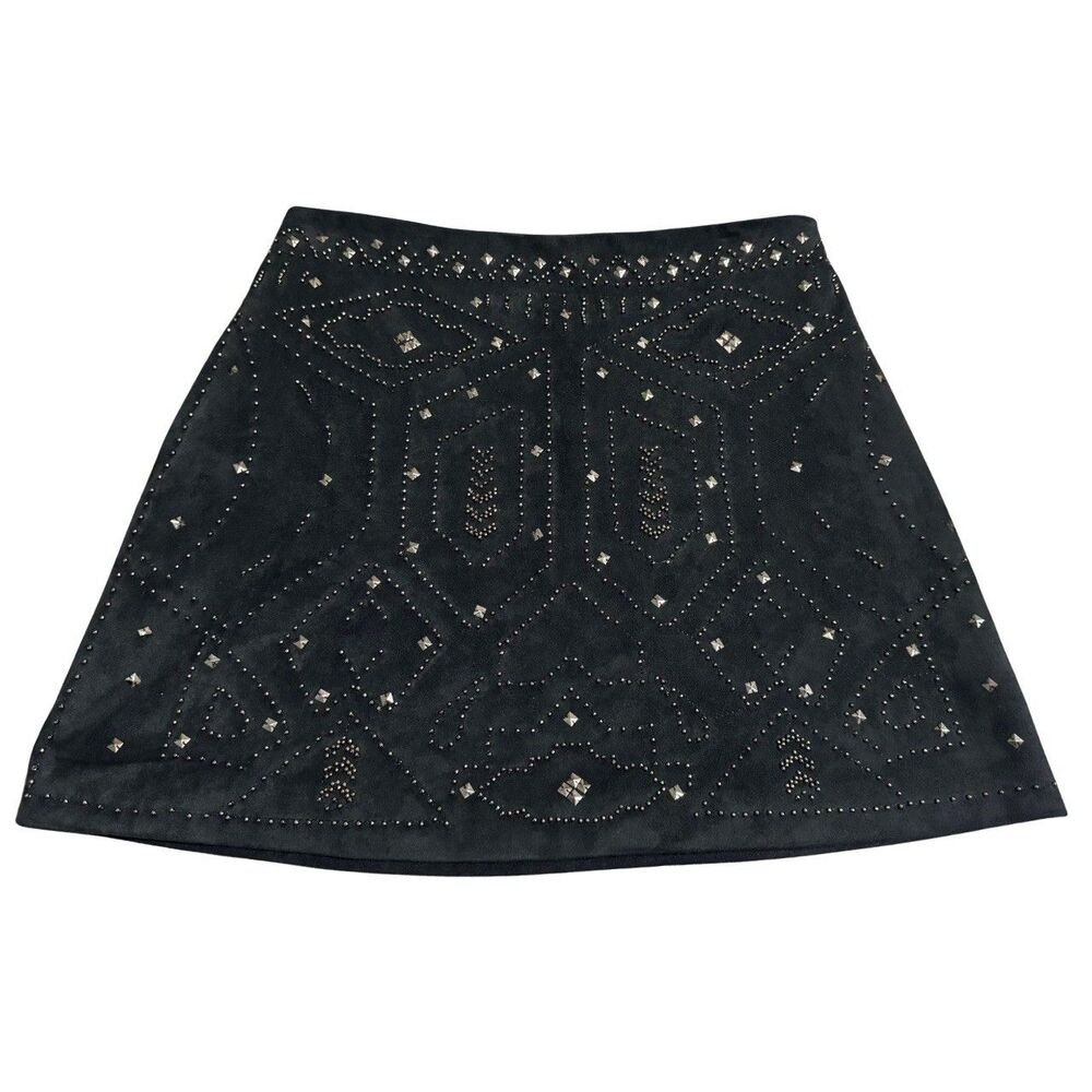 Black & Silver Studded Beaded Alt Western Boho Cowgirl Indie Sleaze Skirt 4 S
